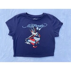 Women's Ed Hardy Baby Tee Navy Blue Swallow Hearts True‎ Love XL